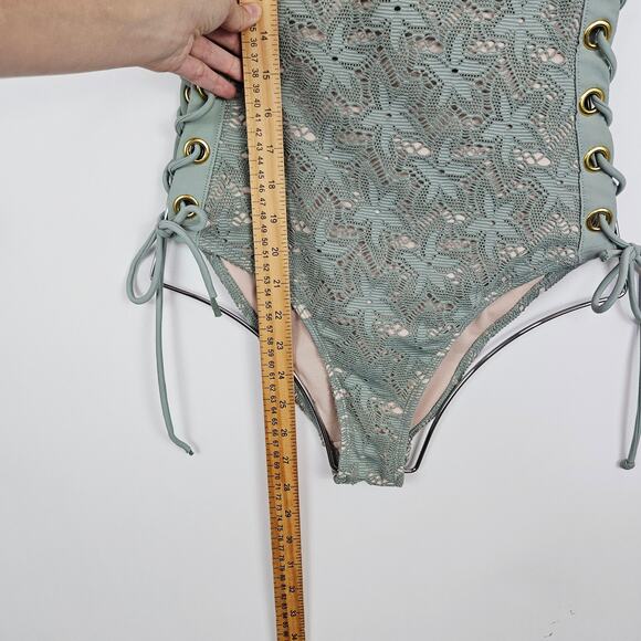 Sage Green Crochet Lace One-Piece Swimsuit Nude Lining Sexy Lace Up Side Medium - Picture 12 of 14